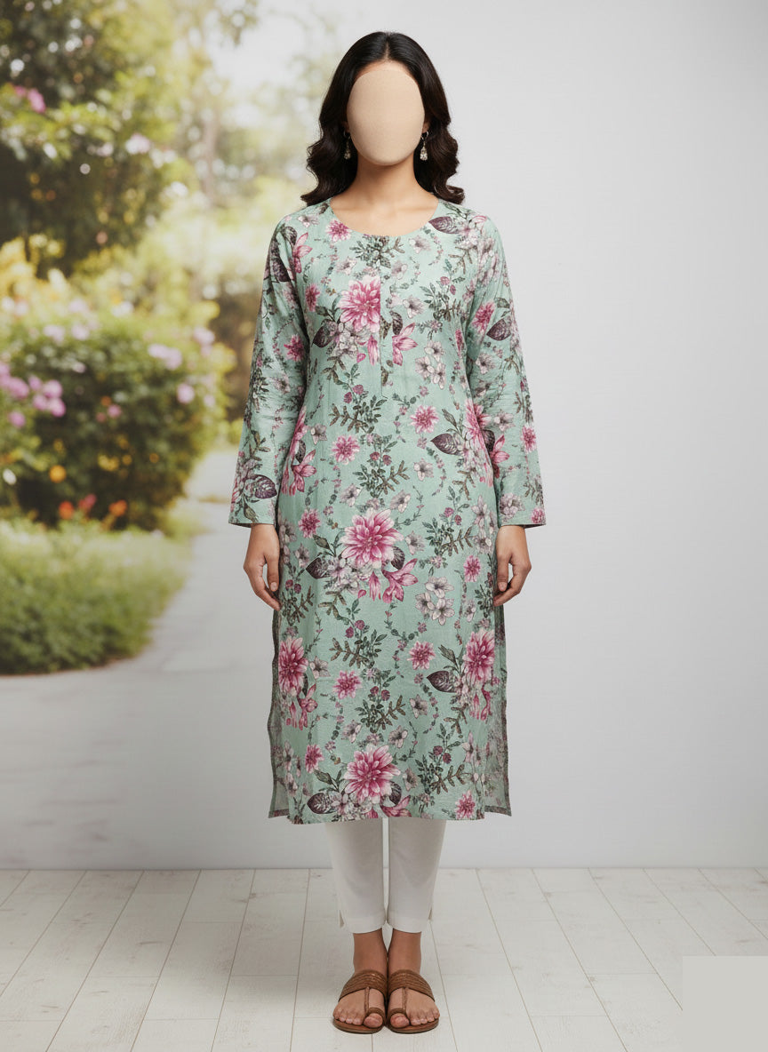 Zellbury Sage Green Floral Printed Kurti