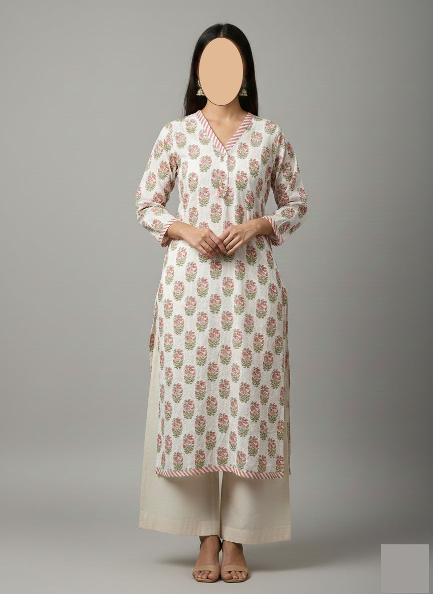 Women's Hand-Block Style Floral Print Cotton Kurti – Casual Long Shirt