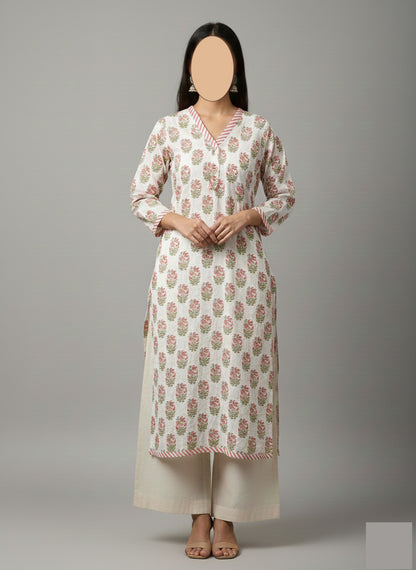 Women's Hand-Block Style Floral Print Cotton Kurti – Casual Long Shirt