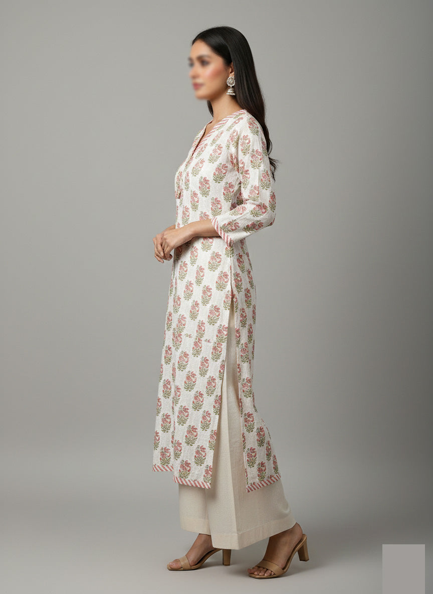 Women's Hand-Block Style Floral Print Cotton Kurti – Casual Long Shirt.