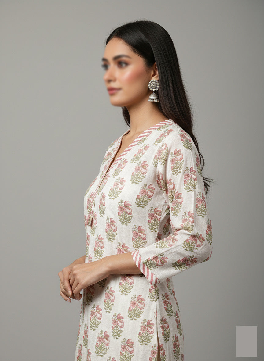 Women's Hand-Block Style Floral Print Cotton Kurti – Casual Long Shirt.