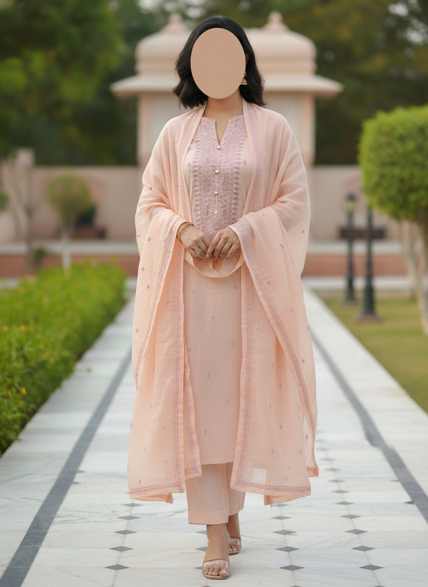 Embroidery Shaffon Cotton Stitched 3 Piece Suite.
