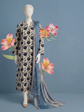 Mannequin wearing a patterned dress with a blue dupatta, surrounded by flowers on a blue background