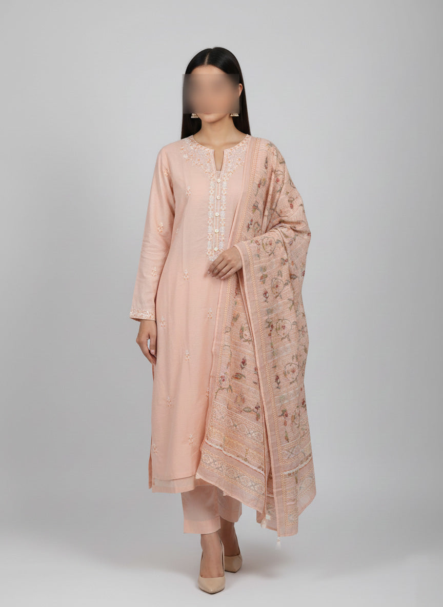 Embroidery Shaffon Cotton Stitched 3 Piece Suite.
