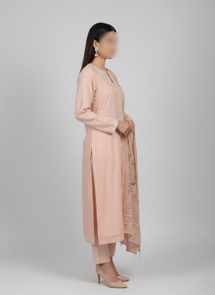 Embroidery Shaffon Cotton Stitched 3 Piece Suite.